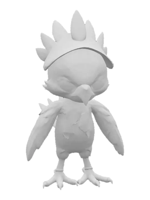 3D model for A small chibi looking cute
distinct features of a phoenix 
Friendly big eyes 
Playful pose
Trying to look angry 
But failing miserably because cute 
Small hat 
Small pocket 
Cute clothing 