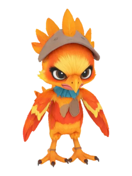 3D model for A small chibi looking cute
distinct features of a phoenix 
Friendly big eyes 
Playful pose
Trying to look angry 
But failing miserably because cute 
Small hat 
Small pocket 
Cute clothing 