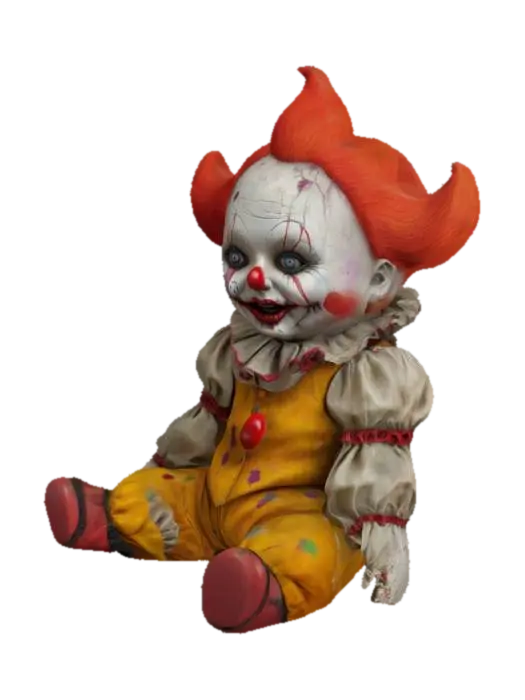 a horror doll dressed as a clown. The doll is sitting on the ground. Game ready, no… - It 3D model, vytvořený pomocí AI