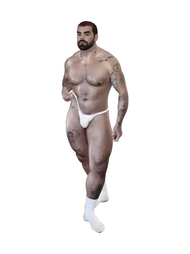Tattooed Bodybuilder in White Briefs 3D model, vytvořený pomocí AI