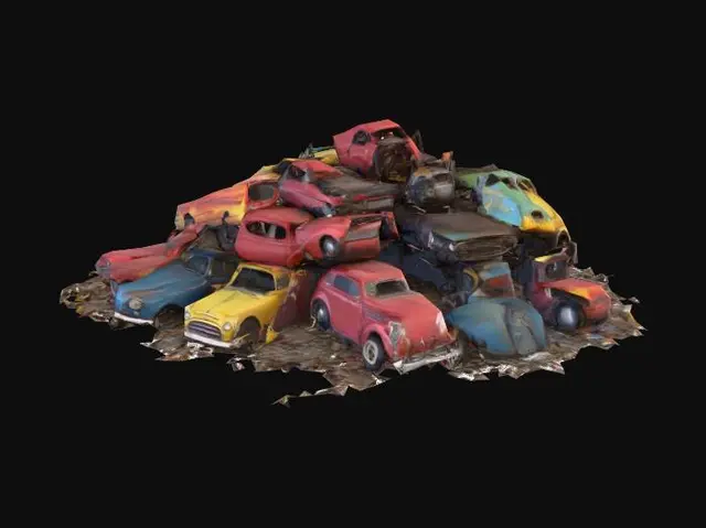 3D model for stylized large pile of scrap vehicles with cars, and engine parts