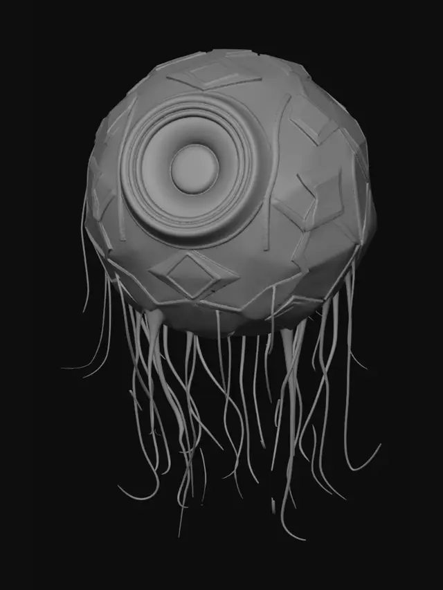 3D model for A floating dark sphere with a glowing red iris in the center like an eyeball, fantasy mythic artifact, slight tendrils of dark mist, low-poly