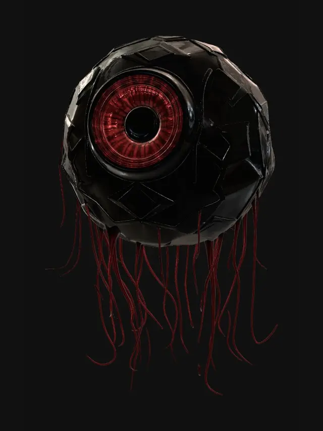 3D model for A floating dark sphere with a glowing red iris in the center like an eyeball, fantasy mythic artifact, slight tendrils of dark mist, low-poly