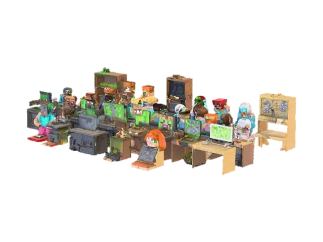 Create a 3D scene showing a diverse community of Minecraft players of different… - Generations-3D-modell, genererad av AI