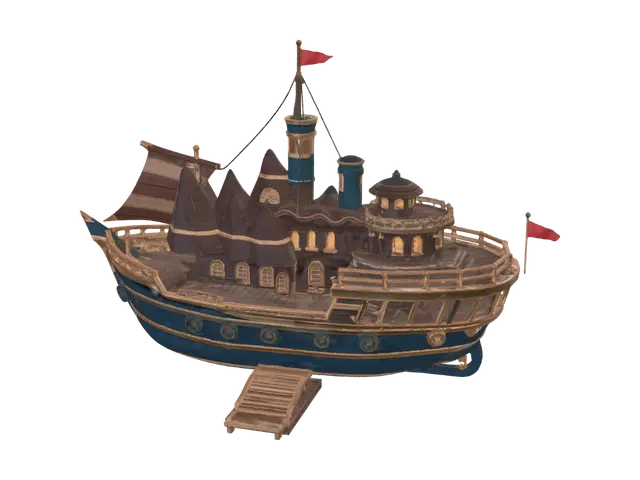 3D model for Premium stylized low-poly fantasy alpine expedition ship for a professional real-estate portfolio dashboard. Compact navy hull, antique-gold trim, subtle cyan magical navigation glow, carved mountain and apartment-window motifs, small dock gangway, bold readable silhouette at thumbnail size, orthographic-friendly game UI asset, isolated centered object, clean PBR materials, no characters, no text, no logo.