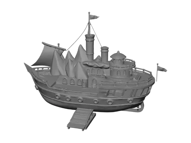 3D model for Premium stylized low-poly fantasy alpine expedition ship for a professional real-estate portfolio dashboard. Compact navy hull, antique-gold trim, subtle cyan magical navigation glow, carved mountain and apartment-window motifs, small dock gangway, bold readable silhouette at thumbnail size, orthographic-friendly game UI asset, isolated centered object, clean PBR materials, no characters, no text, no logo.