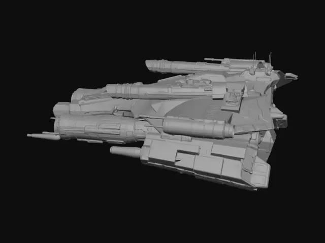 3D model for A unique combat spaceship, brutalist industrial sci-fi design, three massive glowing thrusters at the rear, heavy oversized cannons mounted on the hull, asymmetrical armor plating, dark metallic textures, highly detailed, cinematic lighting, 8k resolution, distinct from Star Wars or Interstellar aesthetics, original concet.
