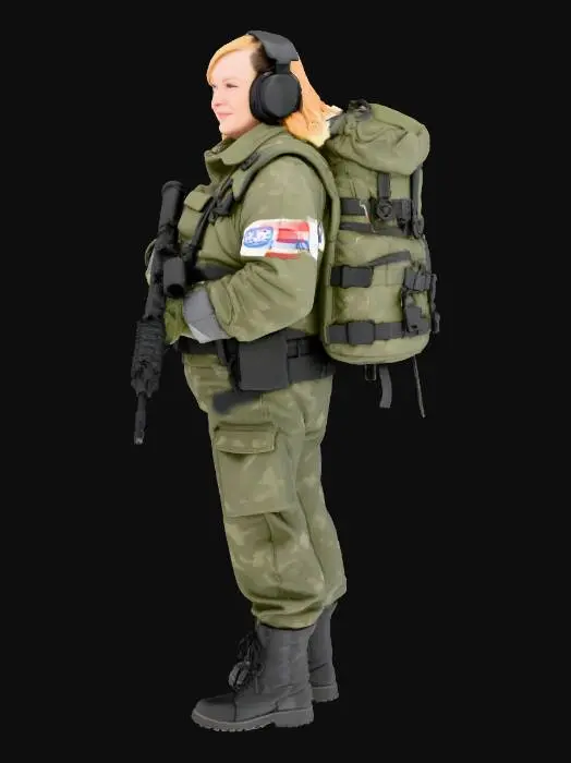 3D model for A gamer girl in het 50's . Dark blond semi long  straight hairstyle.  tad overweight, in military outfit,, digital print camouflage with a Dutch flag on the shoulder.  She has a backpack with a keyboard sticking out.   With her AUG readied in her hands, she is about to engage an enemy behind the wall.  You cna clearly see she is a gmer girl by showing her keyboard popping out of her backpack. Also she wear a gamer headset