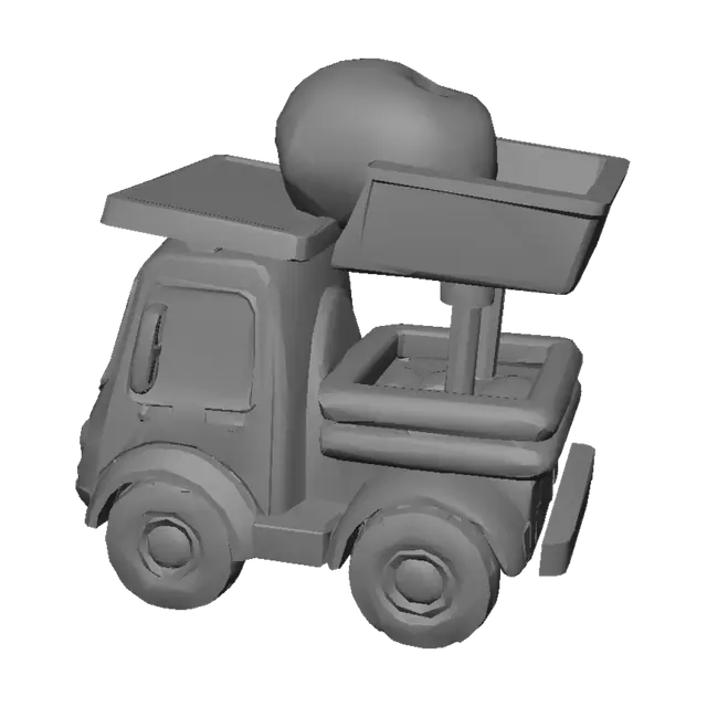 3D model for A cute, stylized 3D cartoon mini construction truck loaded with a tiny, adorable miniature rock. Vibrant colors, smooth clay texture, playful Pixar style, claymation aesthetic, clean white background, studio lighting, high resolution, 8k.
