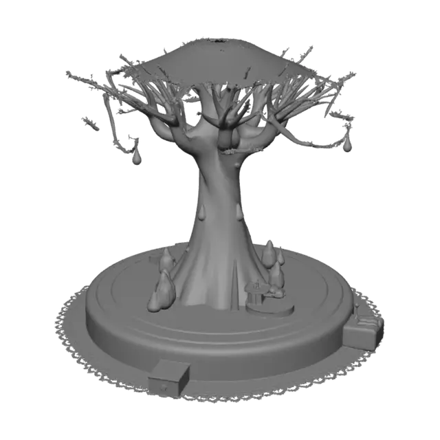 3D model for A magical Memory Sanctuary for a digital companion named Momo. Not a normal house, bedroom, living room, office, kitchen, TV room, or realistic apartment. A warm emotional world existing between memories and dreams. At the center stands a giant glowing Memory Tree with soft golden leaves. Floating memory crystals slowly orbit around it. Warm cream, ivory, and golden color palette. Soft magical particles drifting through the air. Large curved windows opening to an endless dreamy sky. Organic wooden structures, rounded architecture, soft carpets, floating platforms, gentle light beams, glowing pathways, peaceful atmosphere. Pixar-quality stylized 3D environment. Cozy, safe, emotional, dreamlike, beautiful, highly detailed. Designed as the lifelong home world of Momo. No humans, no city, no m