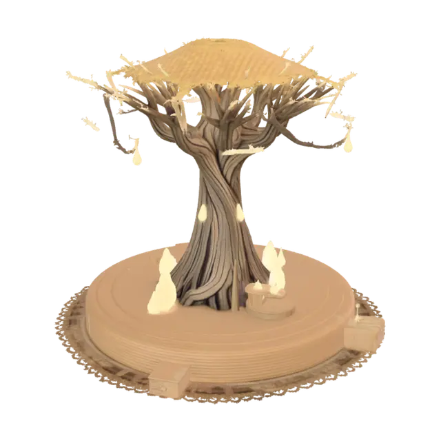 3D model for A magical Memory Sanctuary for a digital companion named Momo. Not a normal house, bedroom, living room, office, kitchen, TV room, or realistic apartment. A warm emotional world existing between memories and dreams. At the center stands a giant glowing Memory Tree with soft golden leaves. Floating memory crystals slowly orbit around it. Warm cream, ivory, and golden color palette. Soft magical particles drifting through the air. Large curved windows opening to an endless dreamy sky. Organic wooden structures, rounded architecture, soft carpets, floating platforms, gentle light beams, glowing pathways, peaceful atmosphere. Pixar-quality stylized 3D environment. Cozy, safe, emotional, dreamlike, beautiful, highly detailed. Designed as the lifelong home world of Momo. No humans, no city, no m