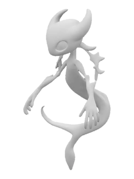 3D model for A newly imagined Pokémon creature, dual type Moon and Ghost, in the classic Pokémon art style. A spooky yet majestic design with cartoonish features, bright colors, bold outlines, and simple yet expressive shapes. Its body is semi-transparent with glowing lunar runes, long thin arms, and wispy fingers. Eyes are hollow with an eerie glow. Floating and surrounded by misty, ghostly energy. Clean lines, smooth coloring, minimalistic shading, fitting the Pokémon universe