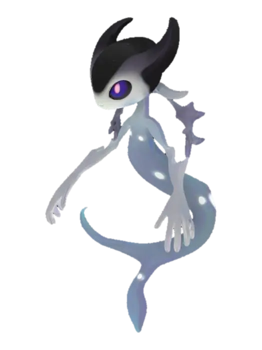 3D model for A newly imagined Pokémon creature, dual type Moon and Ghost, in the classic Pokémon art style. A spooky yet majestic design with cartoonish features, bright colors, bold outlines, and simple yet expressive shapes. Its body is semi-transparent with glowing lunar runes, long thin arms, and wispy fingers. Eyes are hollow with an eerie glow. Floating and surrounded by misty, ghostly energy. Clean lines, smooth coloring, minimalistic shading, fitting the Pokémon universe