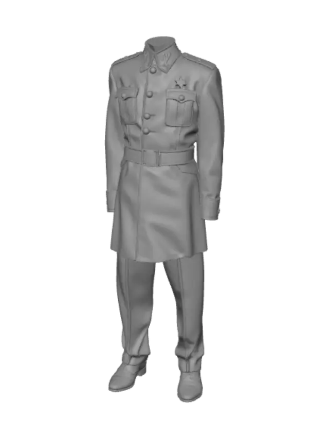 3D model for ww2 Soviet Union officer parade uniform, brown. belt going down the chest at a verticle angle and meeting on around the jackets waist, ends at the bottom in a skirt-like form.