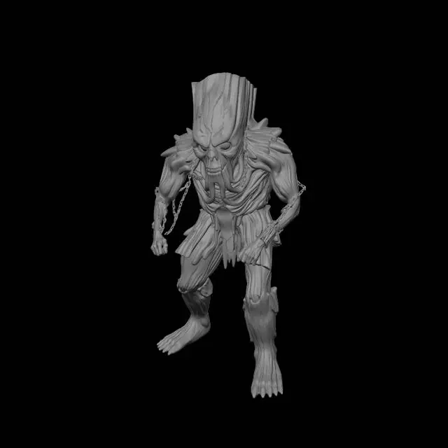 3D model for 3D game asset, massive zombified Italian wooden titan creature, giant rectangular wooden head with cracked carved face, enormous corrupted body covered in dark rot, multiple broken plank arms, glowing red and black brainrot energy erupting from the chest, chains wrapped around the body, dark smoke aura, terrifying hollow eyes with red glow, cinematic boss monster design, horror apocalypse game style, game ready, transparent background