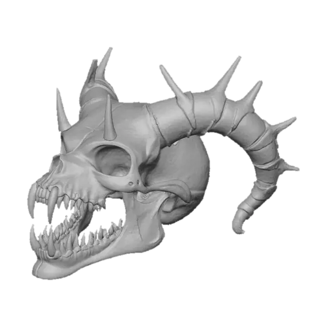 3D model for Or, Très détaillé, Ultra réaliste, Ultra réaliste, A demon's skull with three eyes, bone spikes, an open mouth, and long, sharp teeth, Cuir, Cuivre