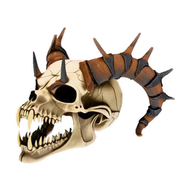 3D model for Or, Très détaillé, Ultra réaliste, Ultra réaliste, A demon's skull with three eyes, bone spikes, an open mouth, and long, sharp teeth, Cuir, Cuivre