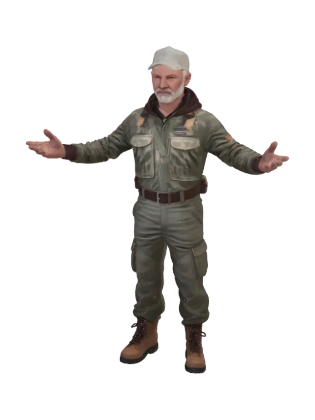 3D model for Male character in their 50 to 60s with gray hair and with camouflage hunting outfit