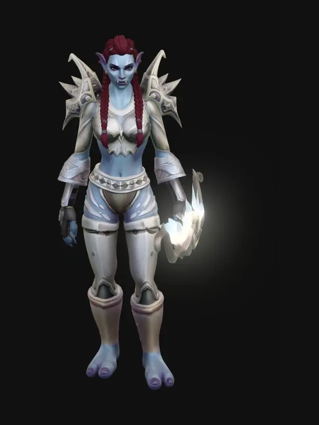 3D model for WOW-Charakter Lias vom Server Madmortem, weiblicher Troll mit kleinen Hauern und roten Augen und roten in kleinen zöpfen nach hinten geflochtenen Haaren trägt eine weiße knappe sexy Rüstung, sie trägt einen Bogen der im Spiel Quellthalas heißt, sie ist in einer stolzen aufgerichteten Pose und schaut sexy in die Kamera, Fotoreferenz 1 für das gesicht nutzen, fotoreferenz 2 zeigt den WOW Amory-Charakter