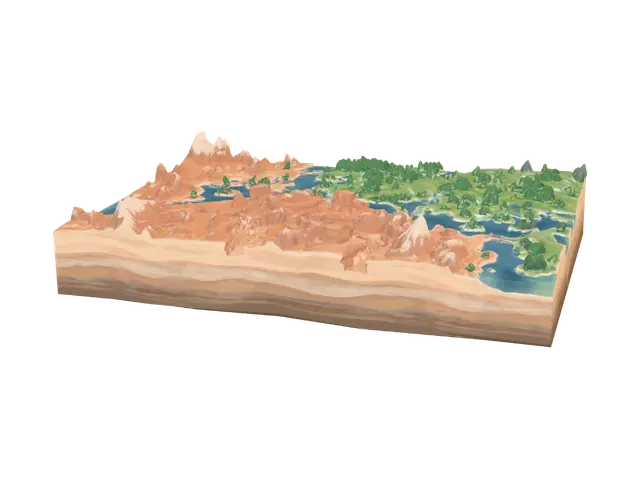 3D model for Turn this top-down map into a 3D diorama-style render: same terrain layout, coastlines, biomes, trees, rocks, bridges and paths, but now shown as a thick rectangular slab of land floating in white space, viewed from a slightly elevated 3/4 isometric angle so the flat sandy/rock side edges (thickness) of the block are clearly visible on all sides, like a chunk of terrain cut out of the world. Solid flat bottom, clean vertical side walls in sandy/rock color, terrain and props sit on top of the slab. White background, studio lighting, no text, no UI.