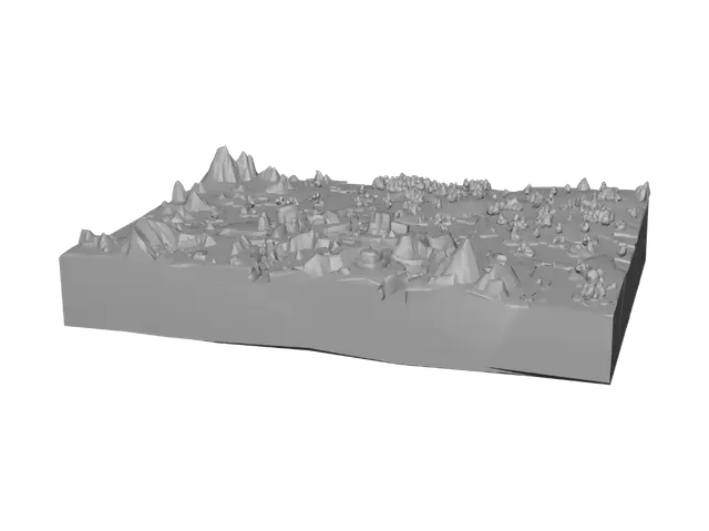 3D model for Turn this top-down map into a 3D diorama-style render: same terrain layout, coastlines, biomes, trees, rocks, bridges and paths, but now shown as a thick rectangular slab of land floating in white space, viewed from a slightly elevated 3/4 isometric angle so the flat sandy/rock side edges (thickness) of the block are clearly visible on all sides, like a chunk of terrain cut out of the world. Solid flat bottom, clean vertical side walls in sandy/rock color, terrain and props sit on top of the slab. White background, studio lighting, no text, no UI.