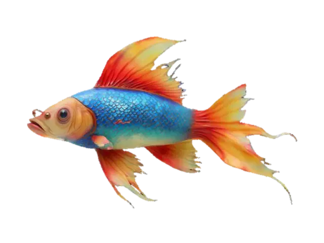 3D model for un poisson QUI NAGE = non symétrique parce qu'il est en mouvement ; il est très extravagant et pas du tout réaliste ; son corps est dans une position très tordue et en mouvement, il est désarticulé et tordu ; il a de grandes nageoires et une très grosse queue ; il est exotique et fantasy ; il est très coloré de couleurs diverses : bleu, rouge, jaune, vert, or ; il a des écailles nacrées, des moirures et des irisations ; son aspect est très métallique et brillant : matière = or; argent, fer, cuivre ; il est fantasy et très extravagant et étonnant ; HDR, très haute définition, très détaillé, meilleure qualité ;