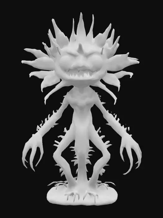 3D model for une plante carnivore alien, avec des yeux, une crête, des tiges a épines et des feuilles a griffes, sur un tronc épineux, avec des pattes a griffes, ultra détaillé, meilleure qualité ; teintes : or, vert, ambre, orange, rouge ;