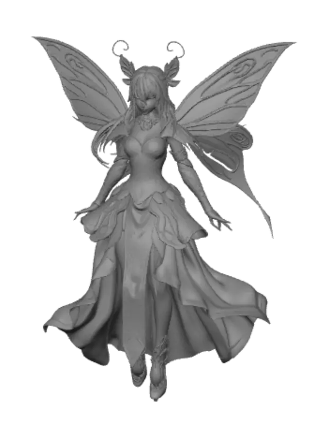3D model for Stylized fantasy character, full body, A-pose, elegant butterfly-themed costume, silver hair, blue eyes, butterfly wings, butterfly hair ornament, white and blue color palette, layered fantasy garments, flowing fabric, decorative corset, crystal accessories, silver ornaments, JRPG style, game-ready, PBR, clean topology, Unreal Engine, highly detailed.
