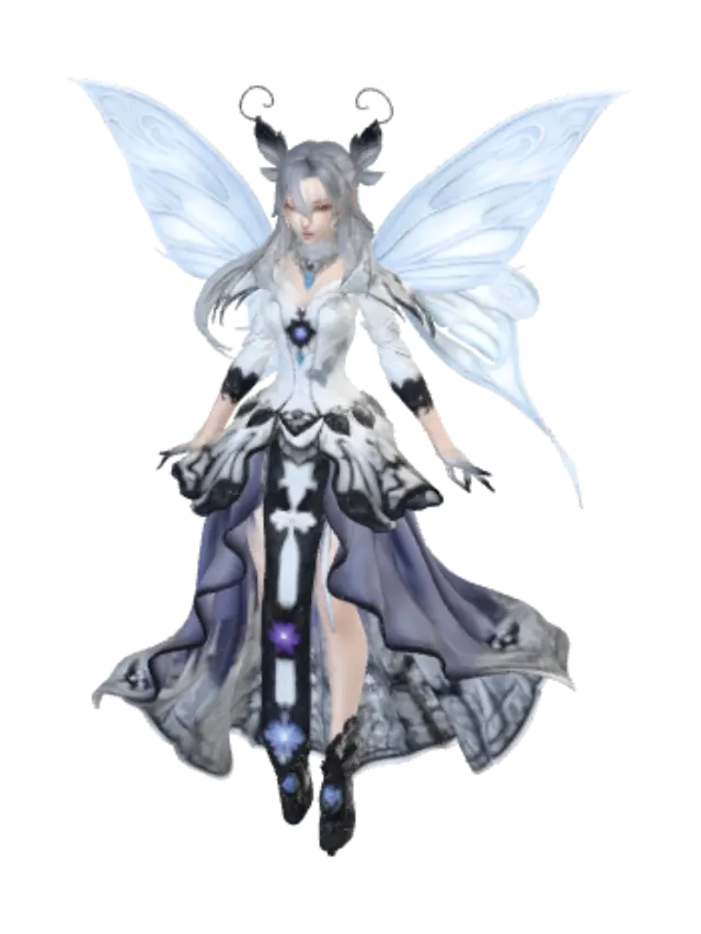 3D model for Stylized fantasy character, full body, A-pose, elegant butterfly-themed costume, silver hair, blue eyes, butterfly wings, butterfly hair ornament, white and blue color palette, layered fantasy garments, flowing fabric, decorative corset, crystal accessories, silver ornaments, JRPG style, game-ready, PBR, clean topology, Unreal Engine, highly detailed.