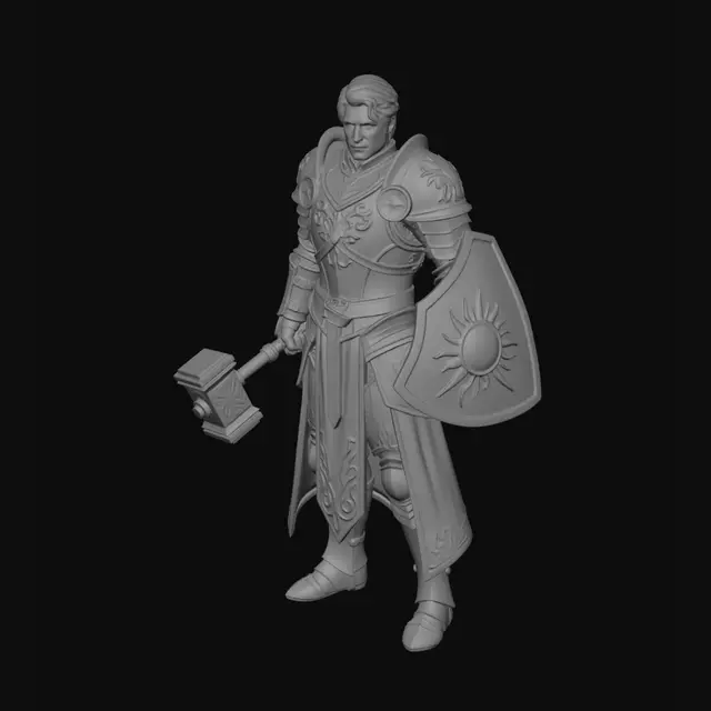 3D model for Dungeons & Dragons Cleric, lawful good alignment, full body fantasy character, standing in a noble and heroic pose. Wearing ornate white and golden plate armor with yellow and radiant gold accents, decorated with holy symbols and intricate engravings. Holding a blessed warhammer and a radiant shield adorned with a sacred sun emblem. Warm golden light emanates from the character, divine energy surrounding the hands, holy aura, protector and healer theme. Kind but determined expression, noble appearance, flowing ceremonial tabard, detailed metalwork, realistic textures, high-detail sculpt, cinematic lighting, fantasy RPG style, game-ready 3D model, clean topology, epic heroic atmosphere, champion of justice and light.