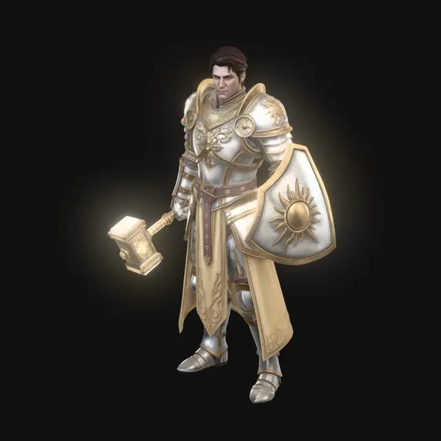 3D model for Dungeons & Dragons Cleric, lawful good alignment, full body fantasy character, standing in a noble and heroic pose. Wearing ornate white and golden plate armor with yellow and radiant gold accents, decorated with holy symbols and intricate engravings. Holding a blessed warhammer and a radiant shield adorned with a sacred sun emblem. Warm golden light emanates from the character, divine energy surrounding the hands, holy aura, protector and healer theme. Kind but determined expression, noble appearance, flowing ceremonial tabard, detailed metalwork, realistic textures, high-detail sculpt, cinematic lighting, fantasy RPG style, game-ready 3D model, clean topology, epic heroic atmosphere, champion of justice and light.