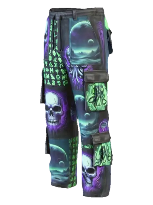 Genera dei pantaloni cargo variegati con delle fantasie da horror e fantascienza 3D model, vytvořený pomocí AI
