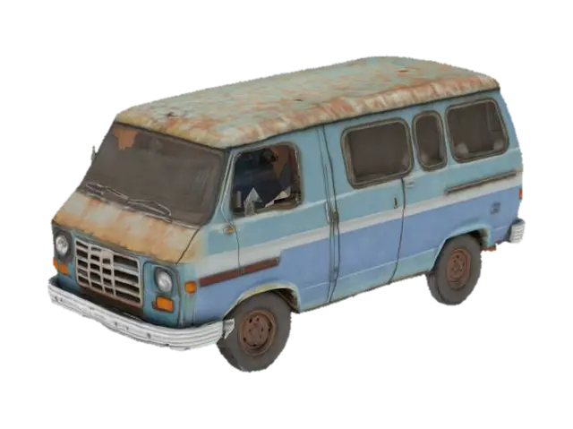 old broken van with whole but dirty windows, van from the 90s, Highly Detailed, Ultra… 3D model, vytvořený pomocí AI