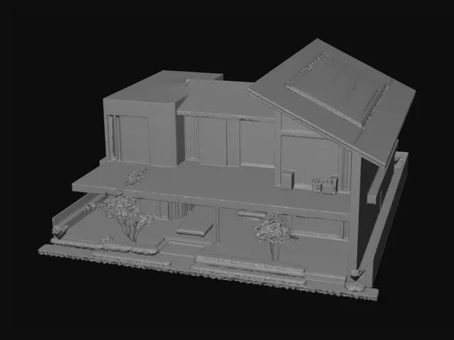 3D model for Modern sustainable house in Loguetown, a region with strong winds, sandstorms and unstable sandy soil. Contemporary architectural design with reinforced concrete structure, deep pile foundations, aerodynamic sloped roof and high wind resistance. Large windows positioned for controlled cross ventilation, cobogó panels for airflow and dust filtering, double walls with thermal insulation, ceramic and architectural concrete exterior cladding resistant to abrasion. Surrounding landscape includes windbreak trees, vegetation barriers, gardens and stabilized sandy terrain. Show visible engineering details, realistic materials, structural durability, environmental adaptation, passive cooling systems and professional architectural visualization. High-quality 3D model, isometric view, photorealistic