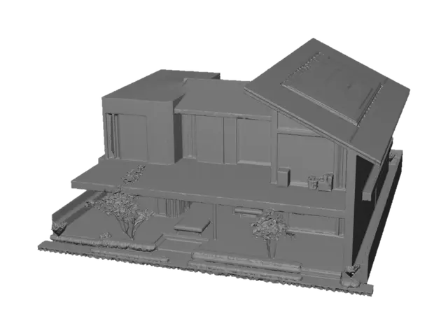 3D model for Modern sustainable house in Loguetown, a region with strong winds, sandstorms and unstable sandy soil. Contemporary architectural design with reinforced concrete structure, deep pile foundations, aerodynamic sloped roof and high wind resistance. Large windows positioned for controlled cross ventilation, cobogó panels for airflow and dust filtering, double walls with thermal insulation, ceramic and architectural concrete exterior cladding resistant to abrasion. Surrounding landscape includes windbreak trees, vegetation barriers, gardens and stabilized sandy terrain. Show visible engineering details, realistic materials, structural durability, environmental adaptation, passive cooling systems and professional architectural visualization. High-quality 3D model, isometric view, photorealistic