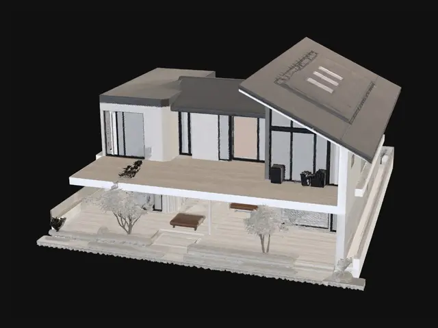 3D model for Modern sustainable house in Loguetown, a region with strong winds, sandstorms and unstable sandy soil. Contemporary architectural design with reinforced concrete structure, deep pile foundations, aerodynamic sloped roof and high wind resistance. Large windows positioned for controlled cross ventilation, cobogó panels for airflow and dust filtering, double walls with thermal insulation, ceramic and architectural concrete exterior cladding resistant to abrasion. Surrounding landscape includes windbreak trees, vegetation barriers, gardens and stabilized sandy terrain. Show visible engineering details, realistic materials, structural durability, environmental adaptation, passive cooling systems and professional architectural visualization. High-quality 3D model, isometric view, photorealistic