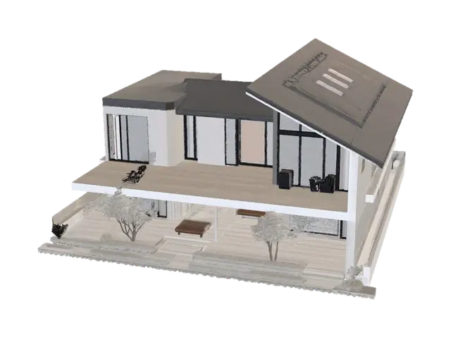 3D model for Modern sustainable house in Loguetown, a region with strong winds, sandstorms and unstable sandy soil. Contemporary architectural design with reinforced concrete structure, deep pile foundations, aerodynamic sloped roof and high wind resistance. Large windows positioned for controlled cross ventilation, cobogó panels for airflow and dust filtering, double walls with thermal insulation, ceramic and architectural concrete exterior cladding resistant to abrasion. Surrounding landscape includes windbreak trees, vegetation barriers, gardens and stabilized sandy terrain. Show visible engineering details, realistic materials, structural durability, environmental adaptation, passive cooling systems and professional architectural visualization. High-quality 3D model, isometric view, photorealistic