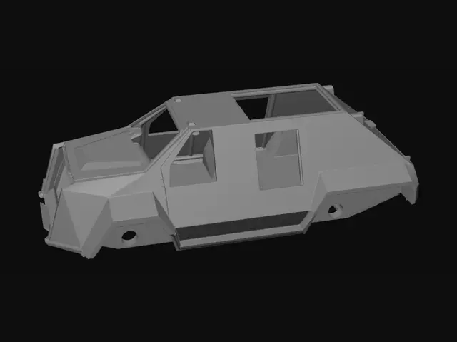 3D model for Main chassis and body of the vehicle from the image, optimized for 3D printing. Flat bottom, completely hollowed-out wheel wells with clean, circular holes drilled through the chassis for a wheel axle. No wheels attached, no antennas attached, no cameras attached. Clean, smooth printable surfaces.