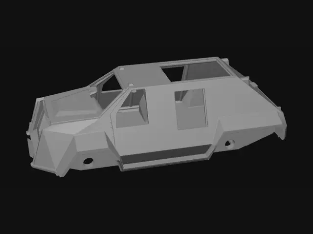 3D model for Main chassis and body of the vehicle from the image, optimized for 3D printing. Flat bottom, completely hollowed-out wheel wells with clean, circular holes drilled through the chassis for a wheel axle. No wheels attached, no antennas attached, no cameras attached. Clean, smooth printable surfaces.