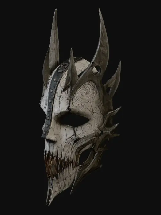 3D model for осимая маска в стиле dark fantasy демонической эстетики, передняя лицевая часть с полой задней полостью под лицо человека. Состаренная костяная поверхность с трещинами, серебристые гравированные узоры на щеках, вертикальная клёпаная железная полоса по центру от лба до подбородка, небольшой сигил-медальон на лбу. Пять длинных изогнутых металлических рогов веером вверх и в стороны. Нижняя челюсть — ряд острых клыков в яростном оскале. Два сквозных овальных отверстия для глаз — без стекла, без линз, чтобы носитель видел. Полая внутри, одна деталь, готовая к 3D-печати на FDM или смоляном принтере, manifold-геометрия. Без ткани, без капюшона, без плеч и шеи — только маска и рога.