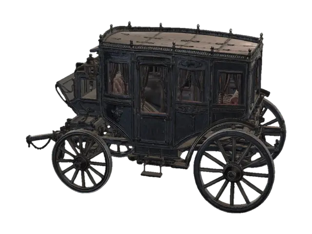 Full object visible. Large black Barovian horse-drawn carriage built from dark… 3D model, vytvořený pomocí AI