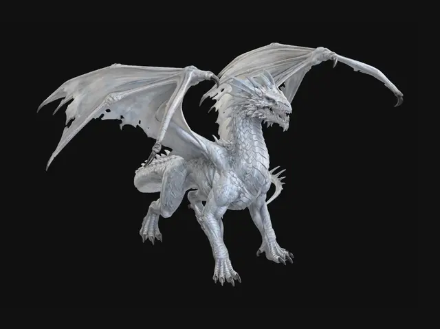 3D model for Full body, feet & full wings visible. Massive adult white dragon w/lean athletic arctic-predator build, long flexible neck, narrow torso, powerful hindquarters, & sleek hunting silhouette. Frost-white scales mottled w/pale blue and light gray, surfaces weathered like old ice and snow-covered stone. Narrow feral draconic skull w/ice-pick horns and frills sweeping backward, sharp teeth, predatory eyes, & spined crest running from skull down neck and spine. Huge pale batlike wings adapted for blizzard flight, membranes slightly ragged and frost-stained. Claws dark ivory, breath misting cold air. Animalistic apex hunter aesthetic, grounded dark fantasy realism, believable reptilian anatomy, clean geometry Negative Prompt fat dragon, regal king pose, crystal dragon, elegant serpent body