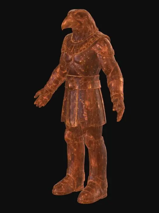 3D model for Positive Prompt

Full object visible. Ten-foot-tall statue of a hawk-headed humanoid carved from solid amber.

Figure upright and still, humanoid proportions with a falcon-like head and curved beak. No expression, stylized features. Not on a base.

Body smooth and simplified, not detailed anatomy. Arms at sides or slightly forward, not posed dynamically.

Surface translucent amber with internal clouding, bubbles, and darker inclusions. Light passes through edges softly.

Base simple and integrated with the statue.

Ancient, sacred feel. Grounded dark fantasy realism, neutral background.

Negative Prompt

dynamic pose, wings spread, attacking stance, glowing magic, sharp detail, feathers, ornate armor, bright gold, cracks, broken pieces, creature, animation, cartoon, symmetry perfection