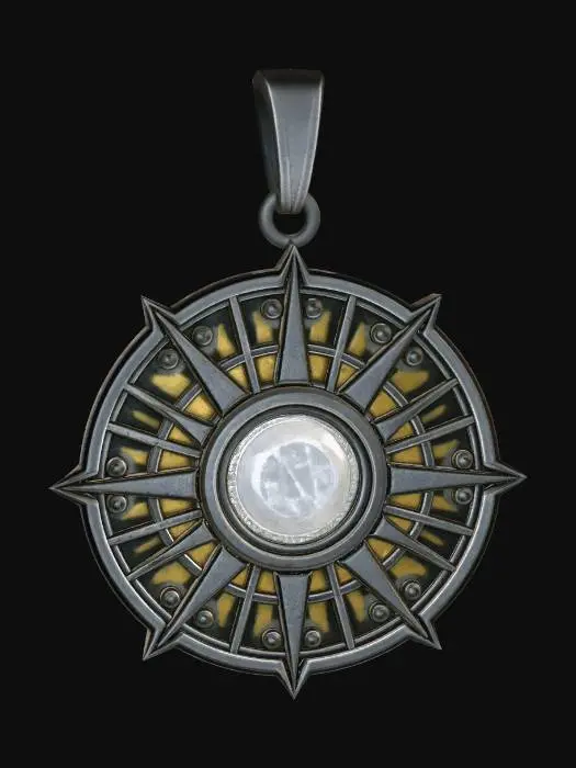 3D model for Platinum holy symbol pendant, simple rising sun design: circular disc with even geometric rays, clear and readable at small scale. Bright but aged platinum, slightly dulled sheen, faint scratches, light wear, subtle darkening in recesses. Clean, symmetrical, not ornate. Hangs from a plain sturdy chain, chest-length. Medieval realism, Curse of Strahd tone.
Optional Negative Add-on
gold, gemstones, ornate filigree, glowing, oversized, fantasy design, modern jewelry, polished pristine