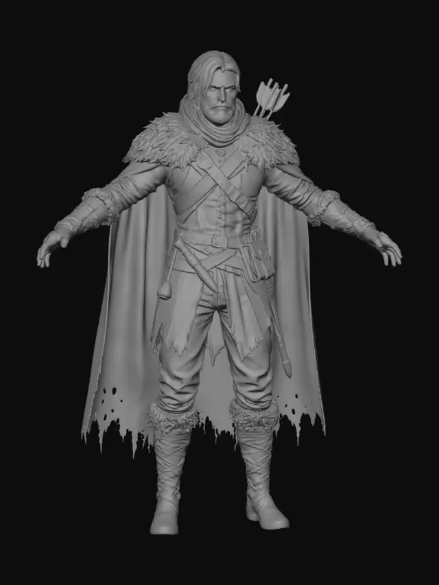 3D model for Lean rugged Barovian scout with weathered pale skin, sharp wary eyes, unkempt dark hair, light beard, cautious predatory expression. Wears layered leather armor, dark wool cloak, fur mantle, belts, pouches, worn boots, survival gear suited for cold forests. Carries simple bow, hunting knife, quiver of rough arrows. Agile build, practical wilderness clothing, posture alert and ready to disappear into fog. Mud, wear, and light scars from harsh survival. Grounded dark fantasy realism, Curse of Strahd tone, believable anatomy, clean geometry for 3D modeling. Full body image. Negative Prompt heroic ranger, glowing eyes, ornate armor, fantasy elf, anime, clean clothing, polished weapons, superhero physique, cartoon, flamboyant hunter