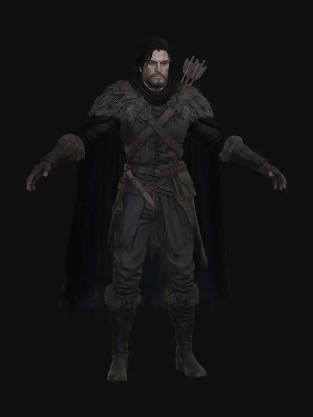3D model for Lean rugged Barovian scout with weathered pale skin, sharp wary eyes, unkempt dark hair, light beard, cautious predatory expression. Wears layered leather armor, dark wool cloak, fur mantle, belts, pouches, worn boots, survival gear suited for cold forests. Carries simple bow, hunting knife, quiver of rough arrows. Agile build, practical wilderness clothing, posture alert and ready to disappear into fog. Mud, wear, and light scars from harsh survival. Grounded dark fantasy realism, Curse of Strahd tone, believable anatomy, clean geometry for 3D modeling. Full body image. Negative Prompt heroic ranger, glowing eyes, ornate armor, fantasy elf, anime, clean clothing, polished weapons, superhero physique, cartoon, flamboyant hunter
