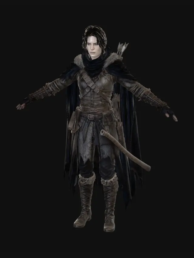 3D model for Lean athletic Barovian scout woman with pale weathered skin, sharp observant eyes, long dark hair loosely tied back, hardened suspicious expression. Wears layered leather armor, dark cloak, fur-lined hood, belts, pouches, worn boots, practical cold-weather survival gear. Carries simple bow, hunting knife, rough quiver. Agile build adapted for stealth and endurance, posture tense and alert. Clothing muddy, worn, repaired repeatedly. Light scars and exhaustion from surviving Barovia’s wilderness. Grounded dark fantasy realism, Curse of Strahd tone, believable anatomy, clean geometry for 3D modeling. Full body image.

Negative Prompt

sexy ranger, clean armor, glowing magic, fantasy princess, anime, polished gear, exaggerated curves, heroic pose, cartoon, elegant hunter