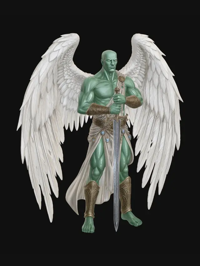 3D model for Full body, feet visible. Towering planetar angel w/massive muscular build, smooth opalescent green skin, bald head, & piercing radiant eyes filled with divine authority. Enormous white feathered wings spread wide w/layered realistic plumage. Wears flowing pale cloth garments, ornate golden bracers, greaves, & celestial adornments. Holds an immense 2-handed greatsword upright w/effortless grace. Expression stern, wise, & utterly incorruptible. Presence overwhelming & godlike: a living weapon of divine judgment. Atmosphere sacred, majestic, & awe-inspiring rather than wrathful. Grounded fantasy realism, believable anatomy, highly detailed feathers & metalwork, clean geometry.
Negative Prompt
demon angel, dark wings, horror creature, cartoon, anime, sci-fi armor, excessive glowing effects