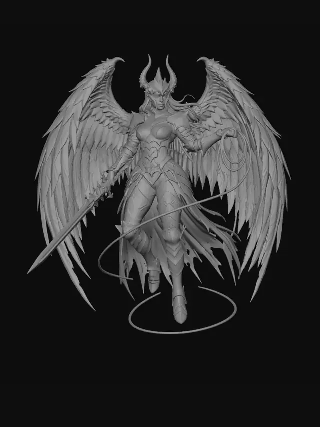 3D model for Full body, feet visible. Elegant erinyes devil warrior w/tall athletic humanoid female build, pale flawless infernal skin, fierce intelligent expression, glowing eyes, & long dark hair. Massive feathered crimson wings spread behind body. Wears ornate black infernal plate armor w/red accents, horned helm, sharp angular pauldrons, gauntlets, & greaves. Holds infernal longsword and magical glowing rope or whip coiling through air. Graceful but deadly airborne stance, disciplined infernal knight aesthetic, dark fantasy realism, clean geometry for 3D modeling. Negative Prompt cute demon, bikini armor, oversized breasts, cartoon, anime, angel halo, soft feathers, mech armor, sci fi, extra limbs, extra wings, low poly, plush texture, goofy face, heroic paladin, bright colors