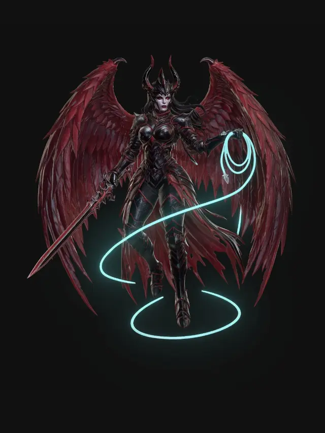 3D model for Full body, feet visible. Elegant erinyes devil warrior w/tall athletic humanoid female build, pale flawless infernal skin, fierce intelligent expression, glowing eyes, & long dark hair. Massive feathered crimson wings spread behind body. Wears ornate black infernal plate armor w/red accents, horned helm, sharp angular pauldrons, gauntlets, & greaves. Holds infernal longsword and magical glowing rope or whip coiling through air. Graceful but deadly airborne stance, disciplined infernal knight aesthetic, dark fantasy realism, clean geometry for 3D modeling. Negative Prompt cute demon, bikini armor, oversized breasts, cartoon, anime, angel halo, soft feathers, mech armor, sci fi, extra limbs, extra wings, low poly, plush texture, goofy face, heroic paladin, bright colors